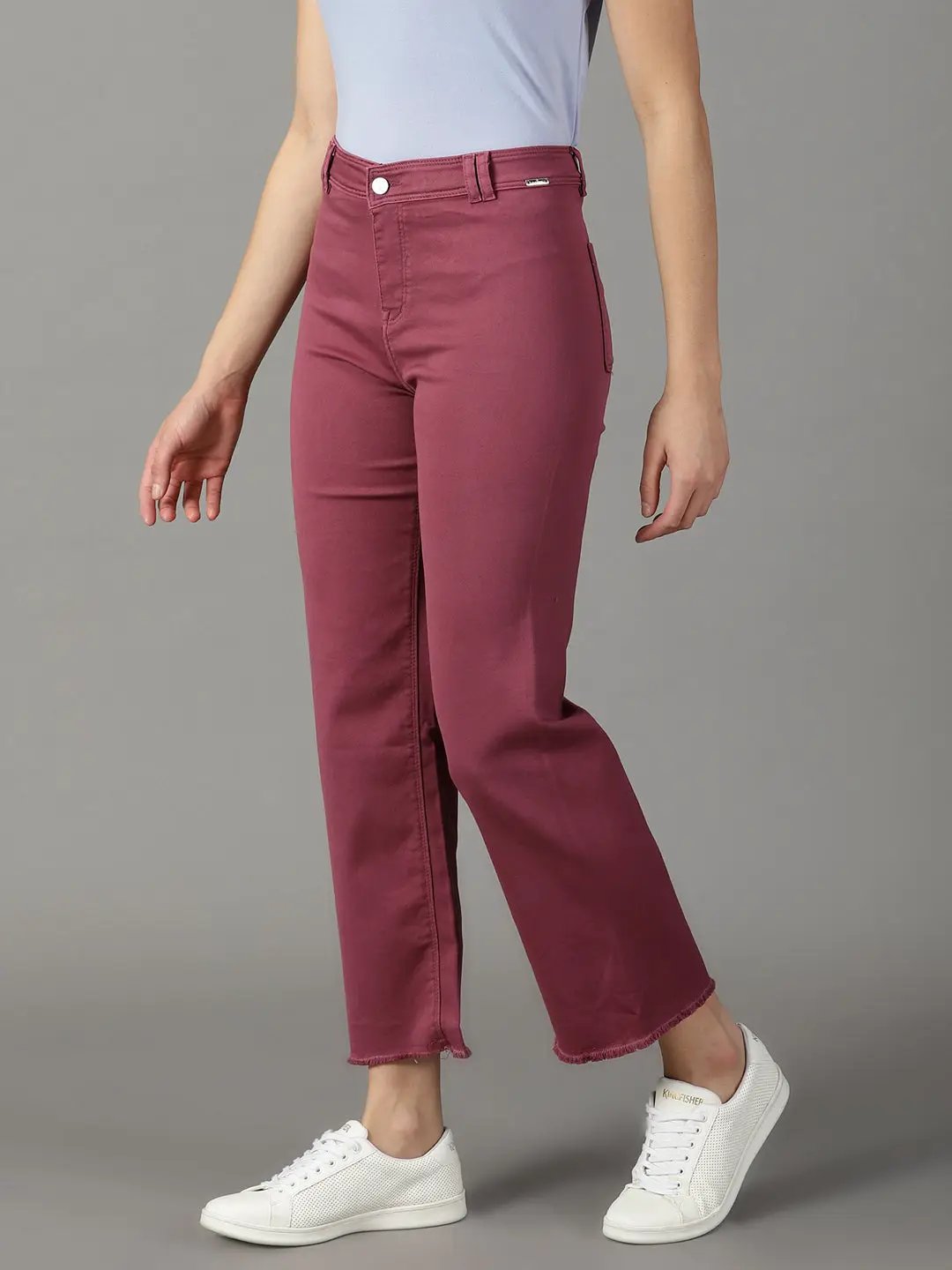Women's Magenta Solid Wide Leg Denim Jeans