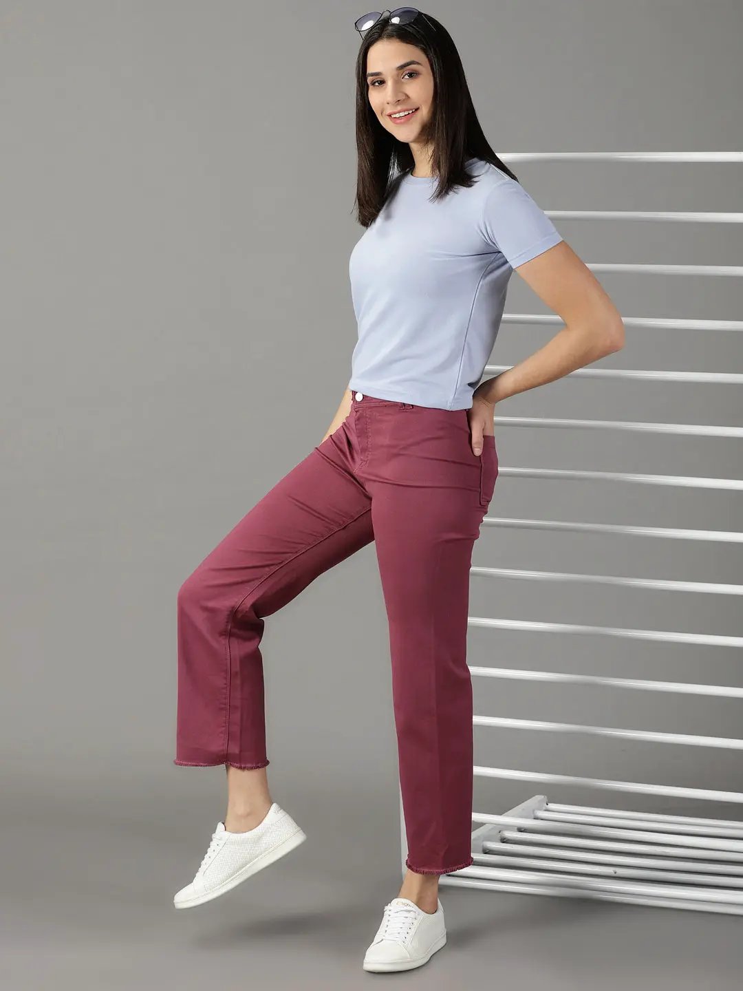 Women's Magenta Solid Wide Leg Denim Jeans