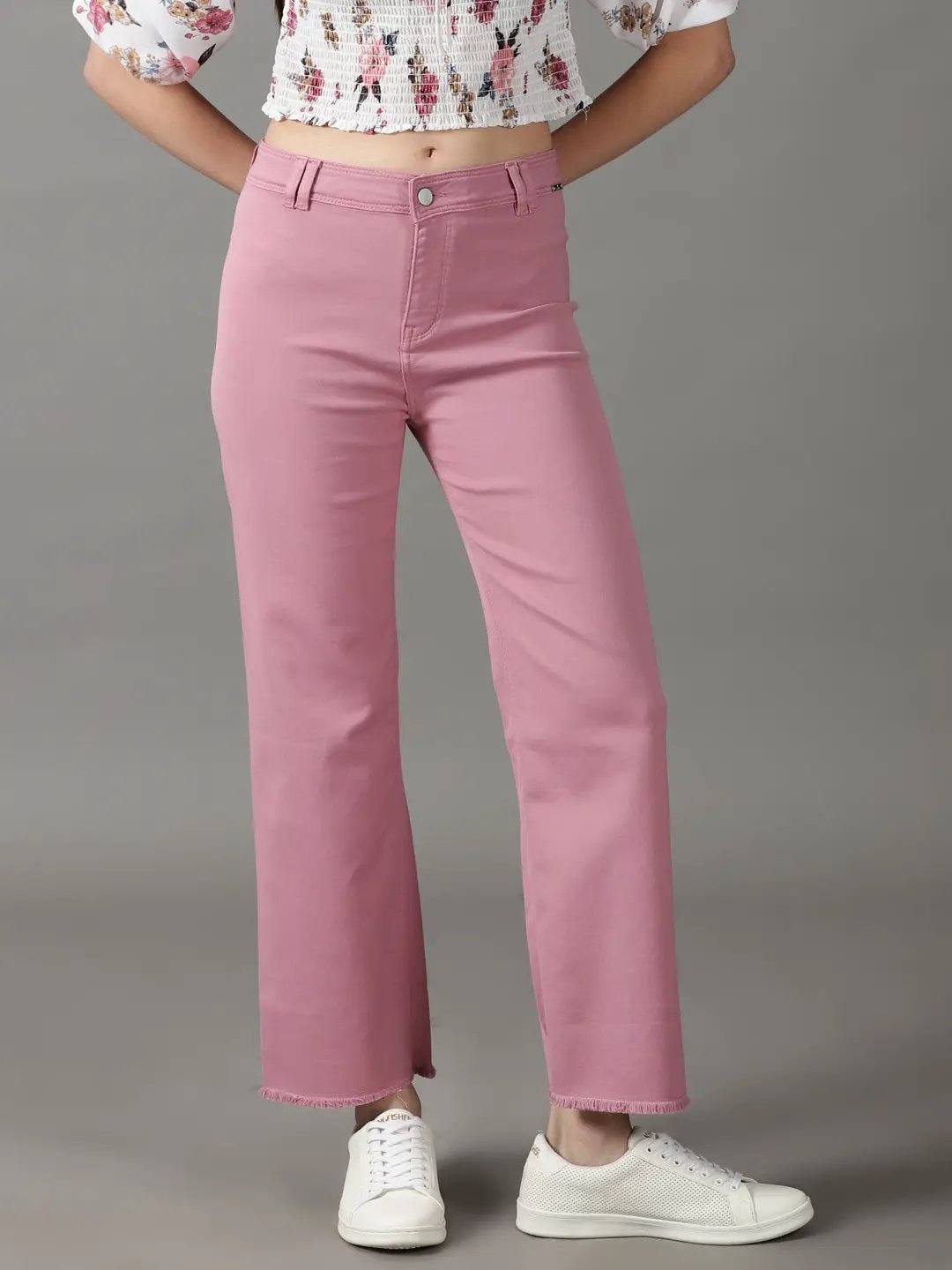 Women's Pink Solid Wide Leg Denim Jeans