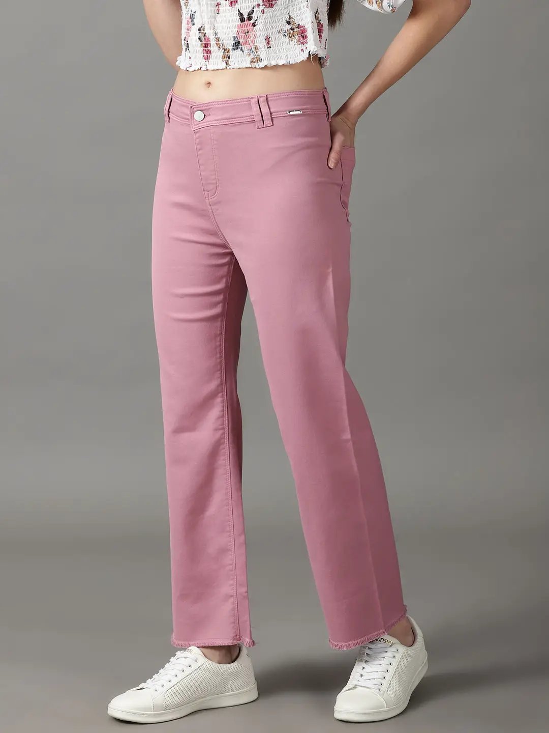 Women's Pink Solid Wide Leg Denim Jeans