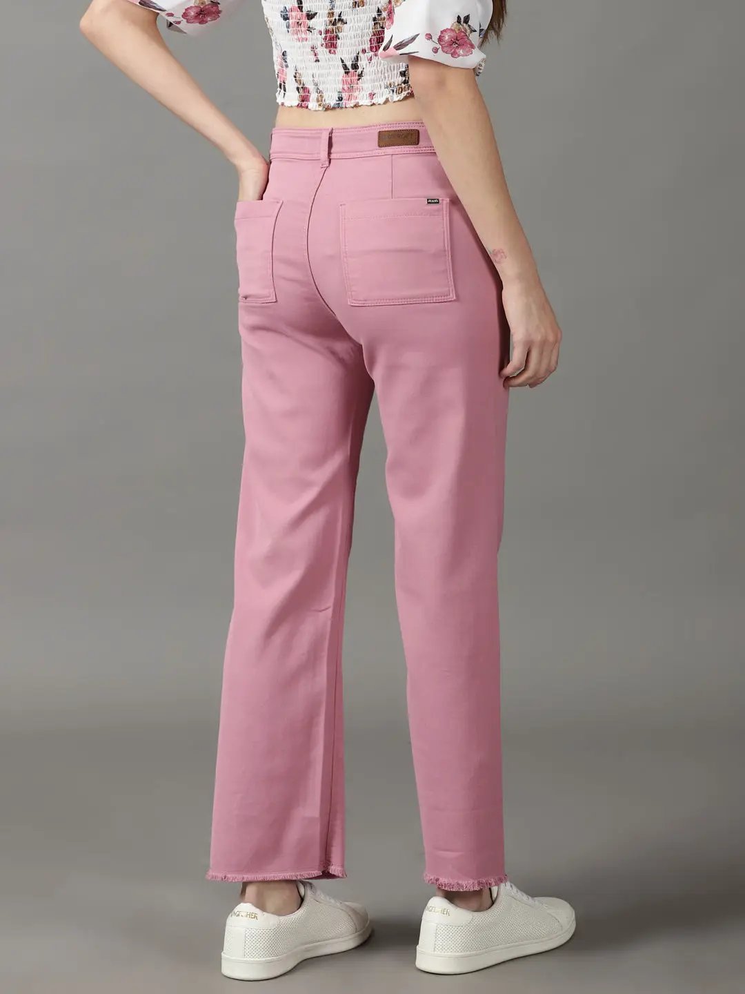 Women's Pink Solid Wide Leg Denim Jeans