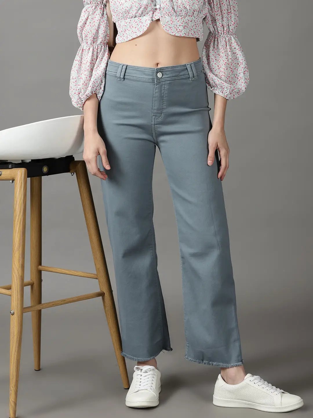 Women's Teal Solid Wide Leg Denim Jeans