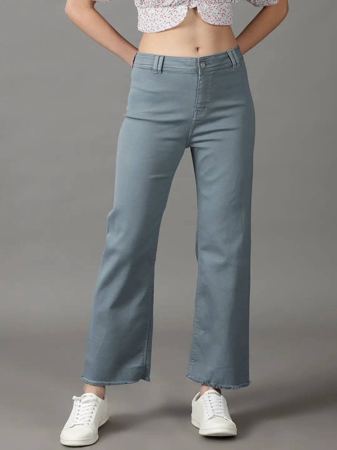 Women's Teal Solid Wide Leg Denim Jeans