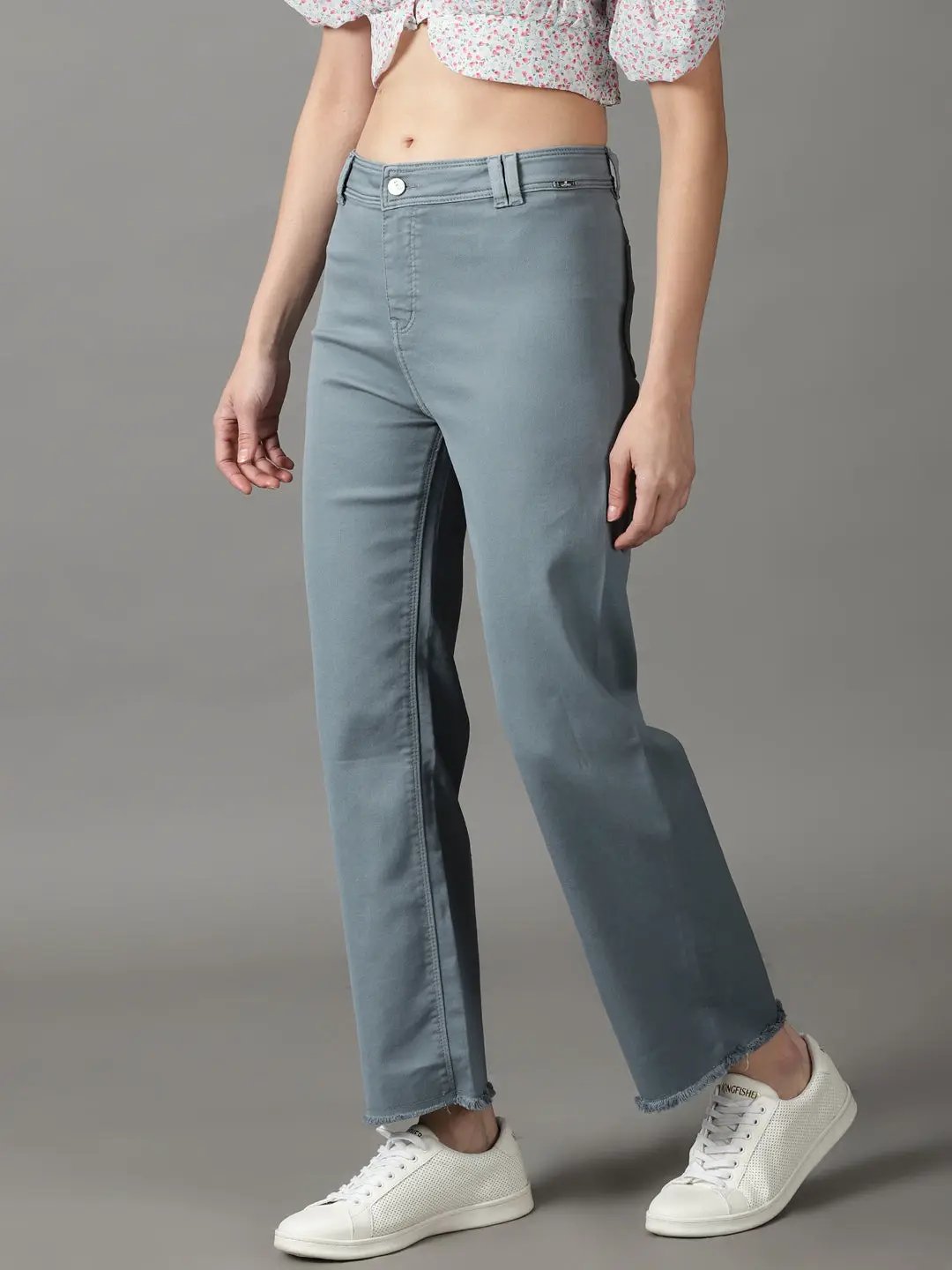 Women's Teal Solid Wide Leg Denim Jeans
