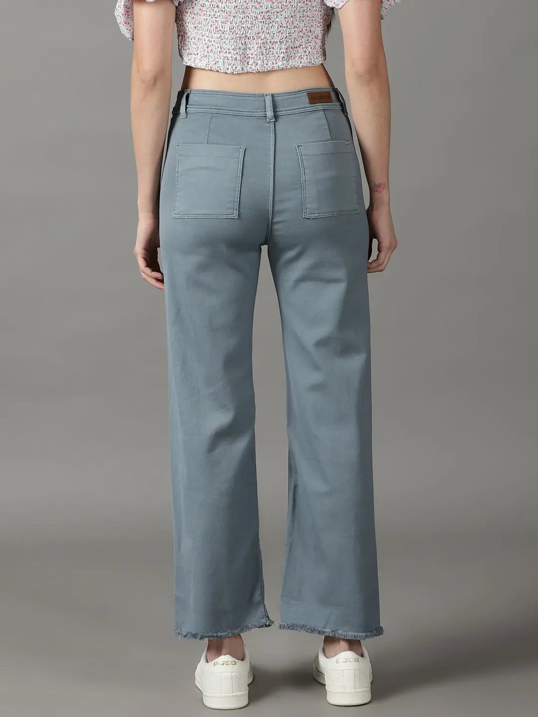 Women's Teal Solid Wide Leg Denim Jeans