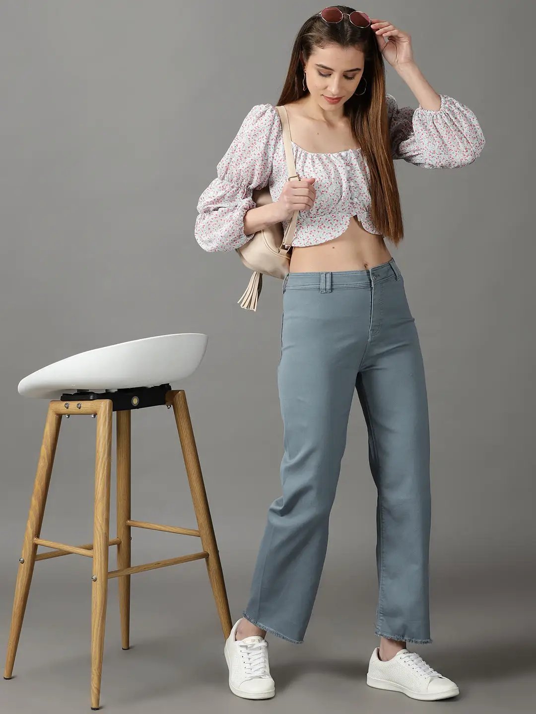 Women's Teal Solid Wide Leg Denim Jeans