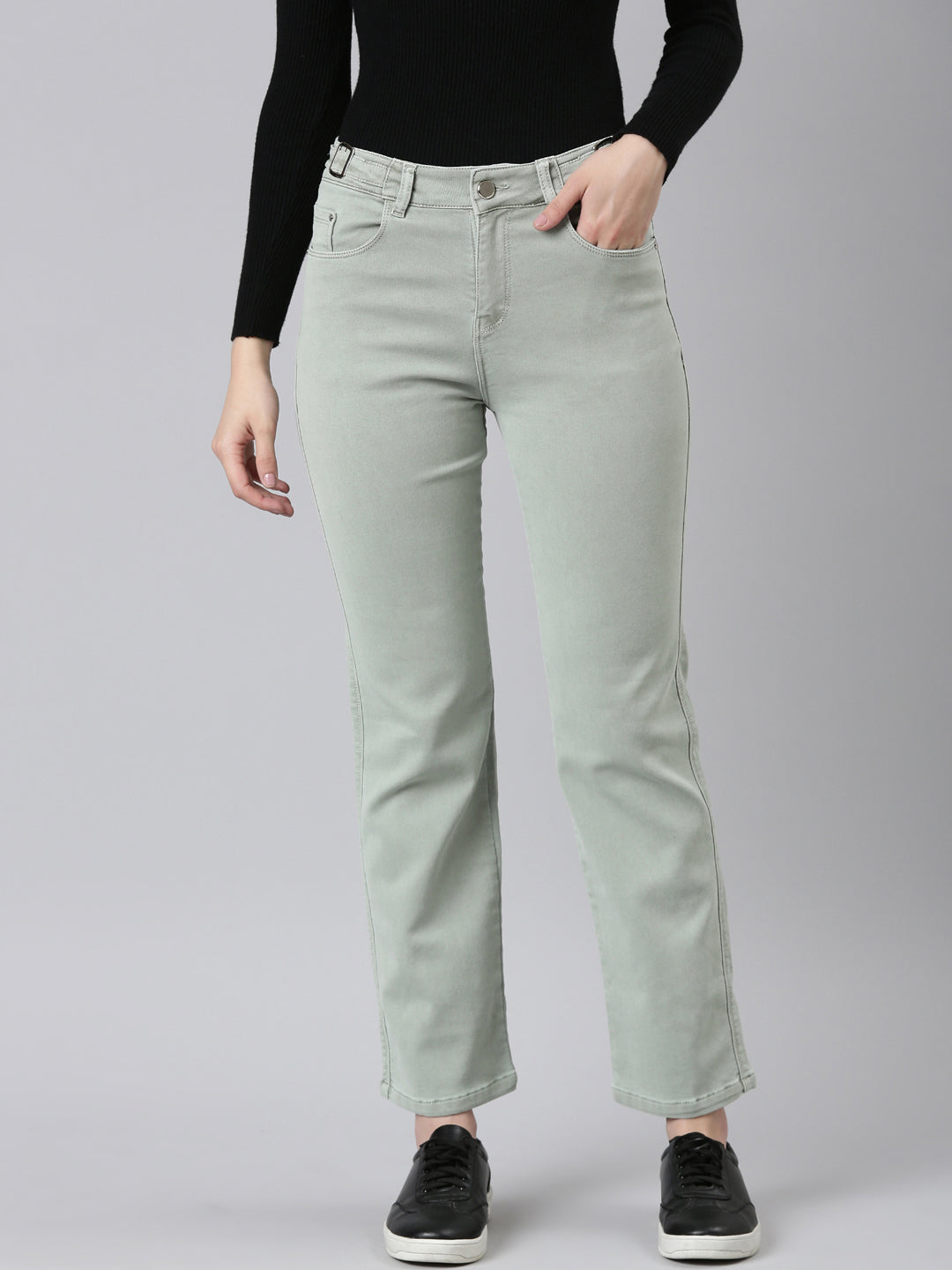Women's Sea Green Solid Straight Fit Denim Jeans