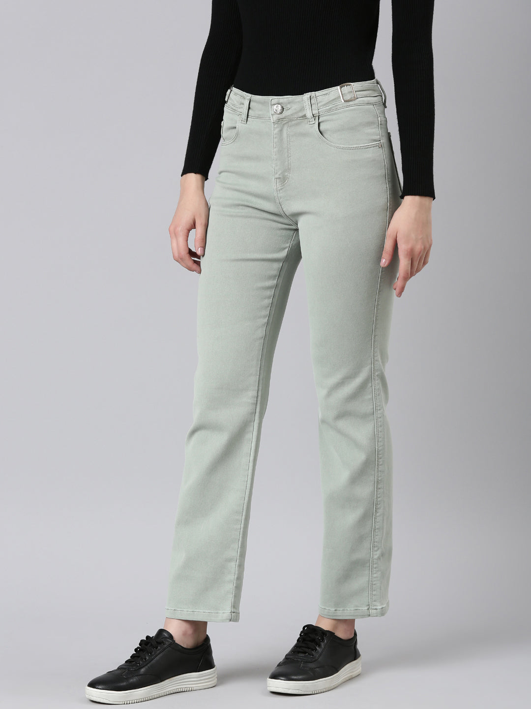 Women's Sea Green Solid Straight Fit Denim Jeans