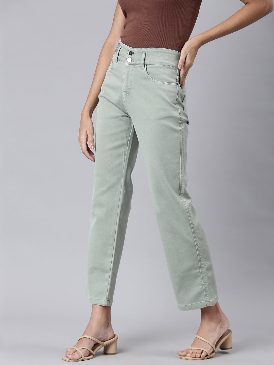 Women Green Solid Straight Fit Denim Jeans