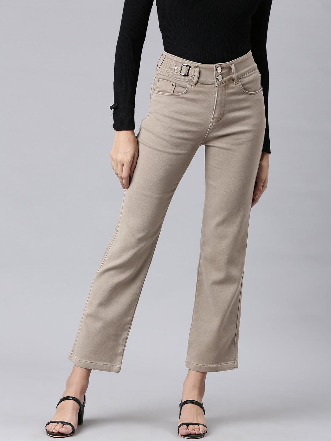 Women's Taupe Solid Straight Fit Denim Jeans
