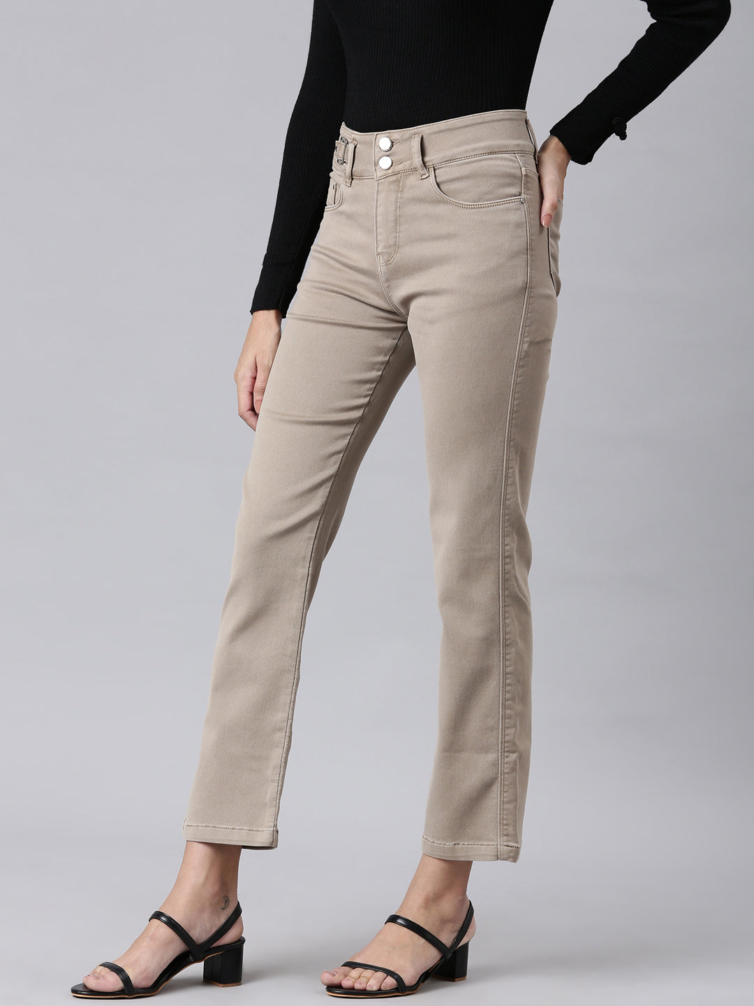 Women's Taupe Solid Straight Fit Denim Jeans