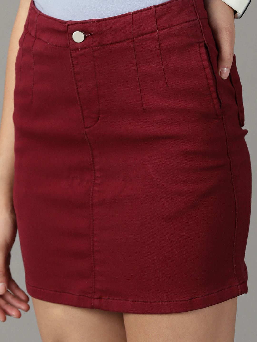 Women's Burgundy Solid Pencil Denim Skirt