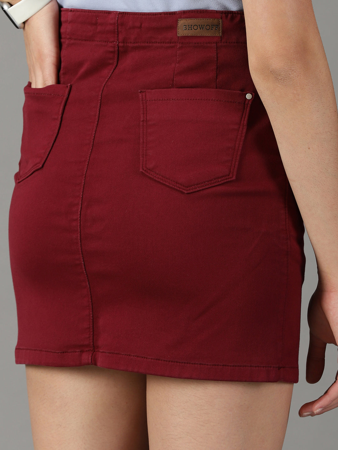 Women's Burgundy Solid Pencil Denim Skirt