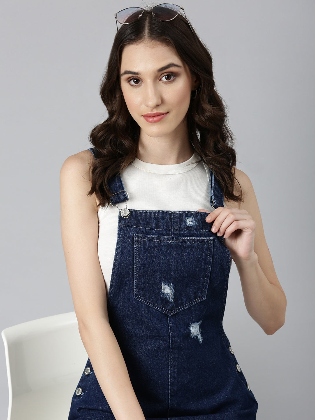 Women Navy Blue Solid Dungaree