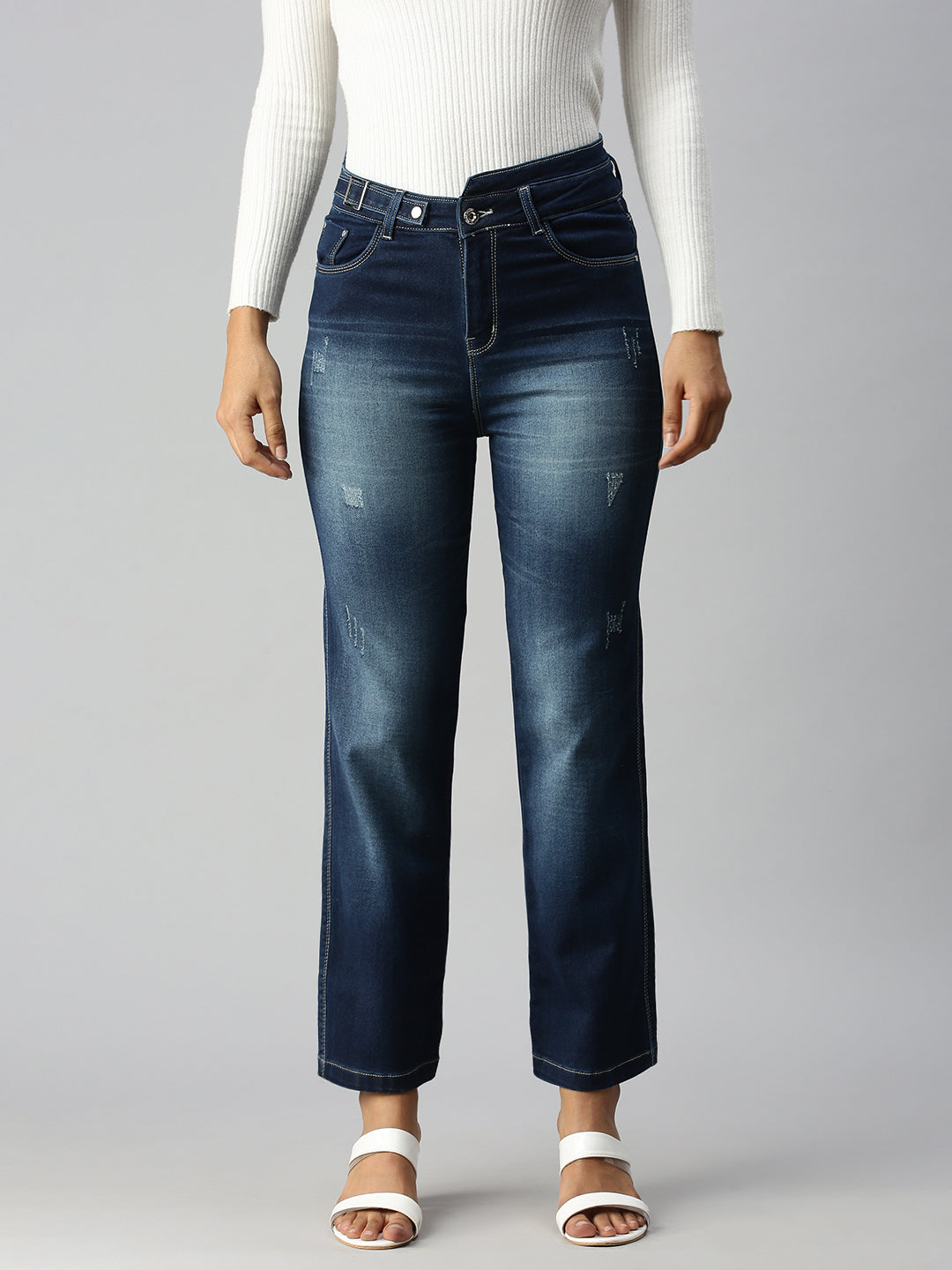 Women's Blue Solid Denim Straight Jeans