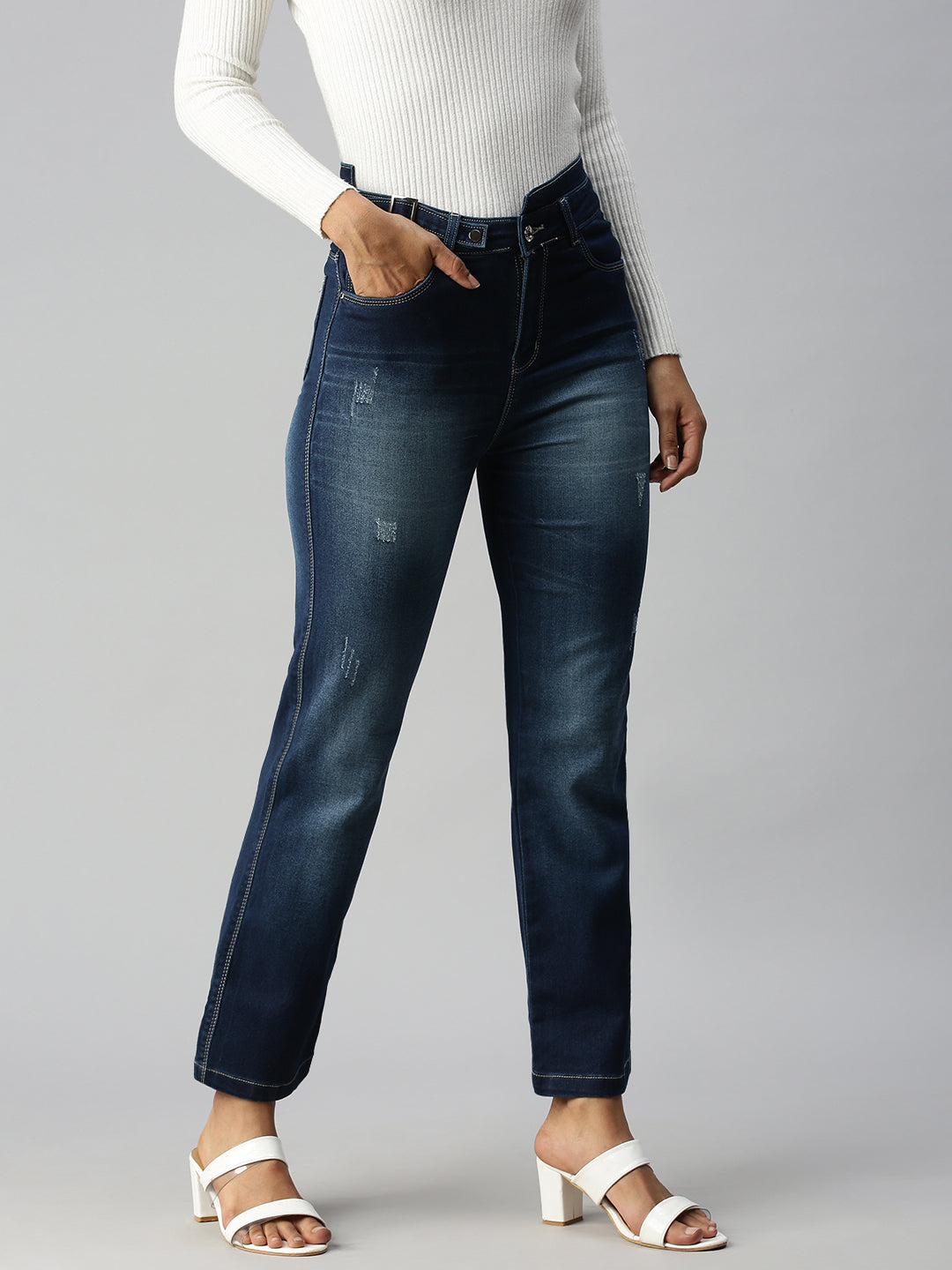 Women's Blue Solid Denim Straight Jeans