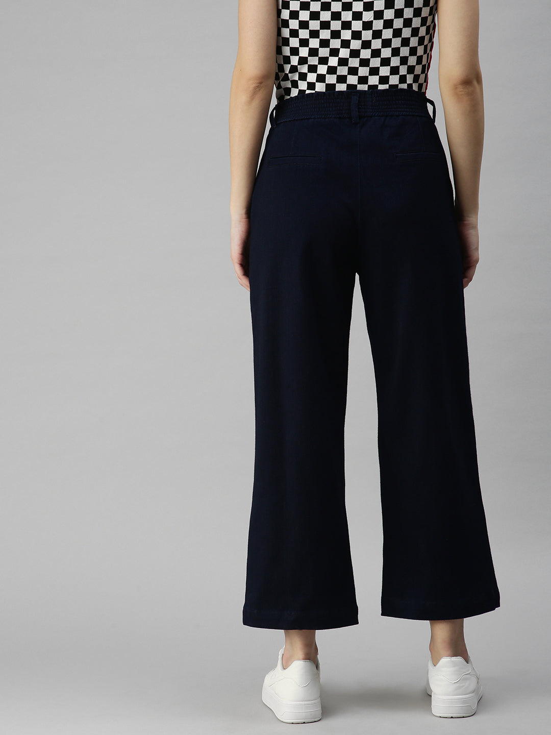 Women's Navy Blue Solid Denim Wide Leg Jeans