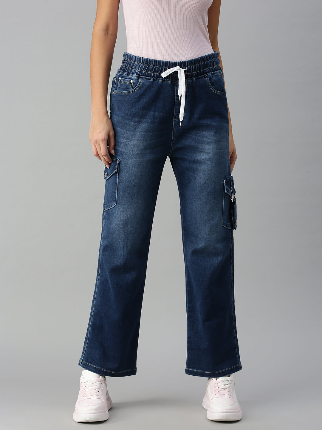 Women's Blue Solid Denim Wide Leg Jeans