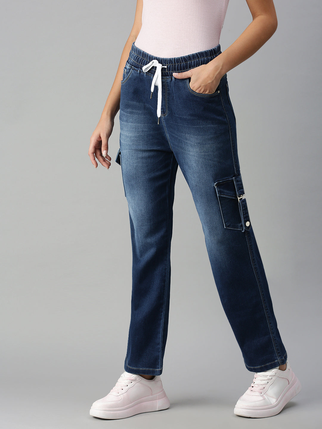 Women's Blue Solid Denim Wide Leg Jeans