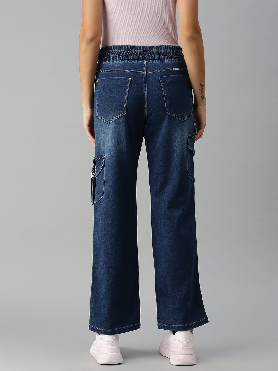 Women's Blue Solid Denim Wide Leg Jeans