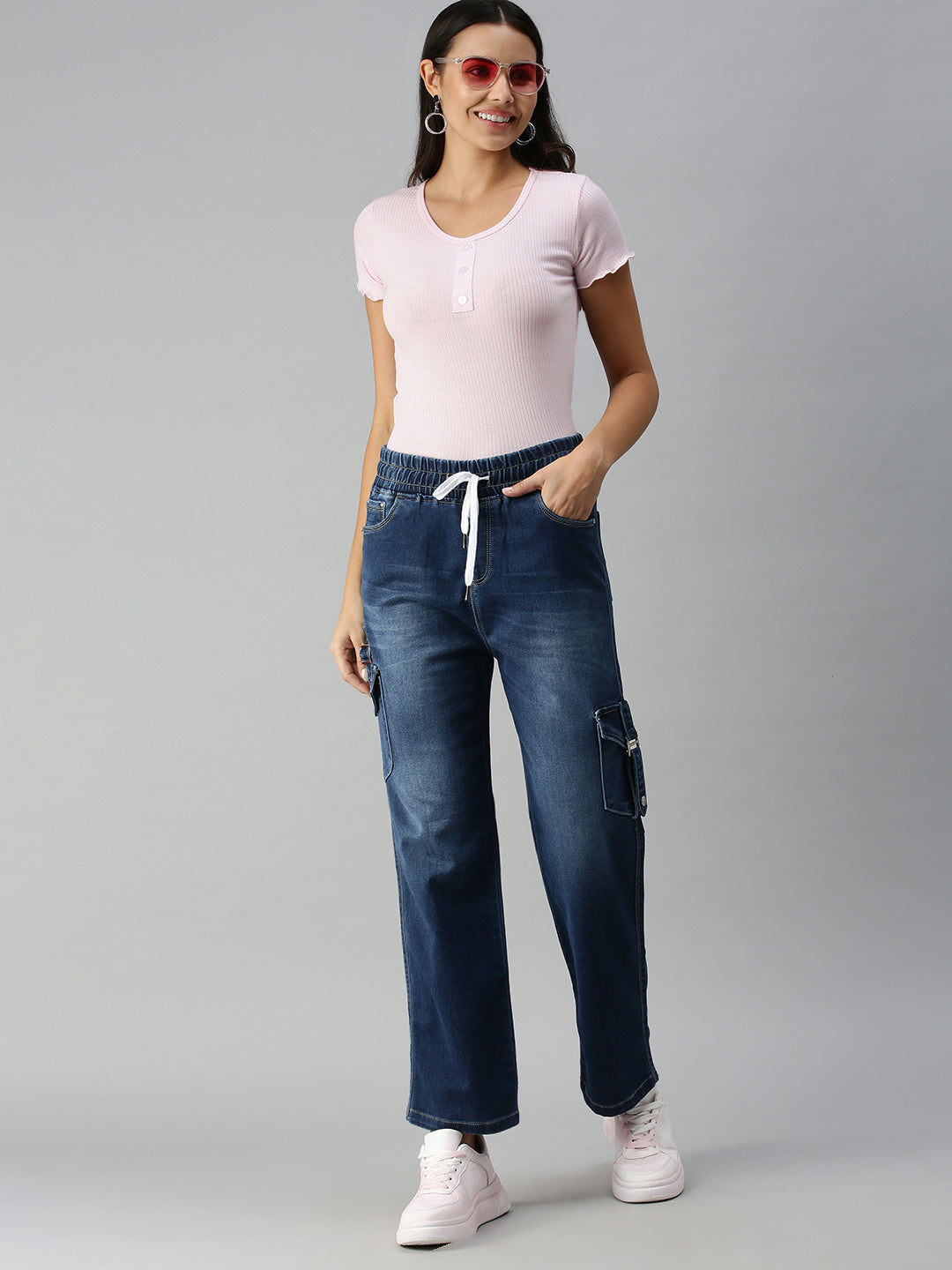 Women's Blue Solid Denim Wide Leg Jeans