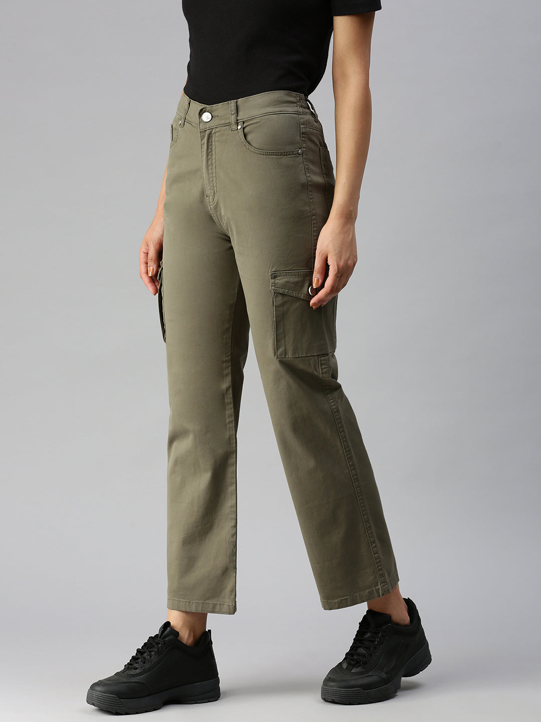 Women's Olive Solid Denim Straight Jeans