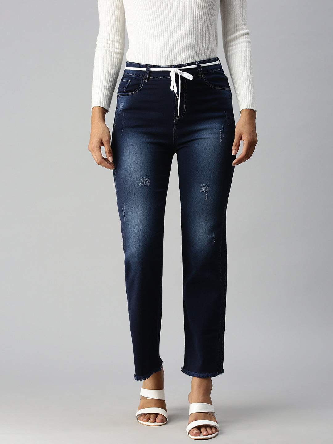 Women's Blue Solid Denim Straight Jeans