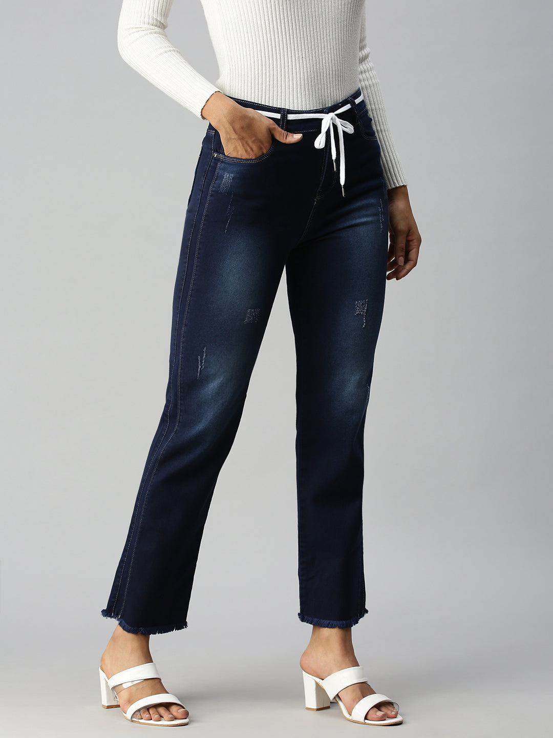 Women's Blue Solid Denim Straight Jeans