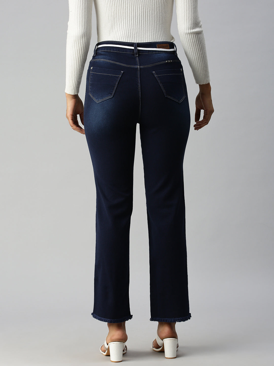 Women's Blue Solid Denim Straight Jeans