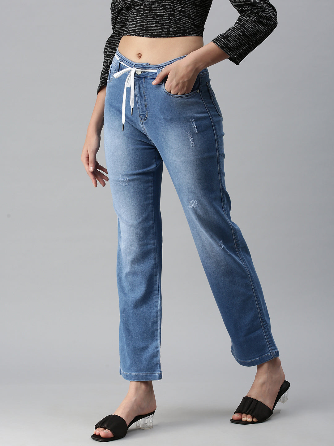 Women's Blue Solid Denim Straight Jeans