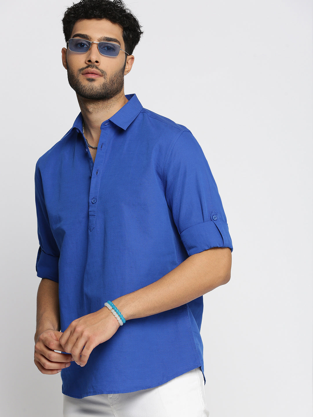 Men Blue Solid Shirt Collar Casual Short Kurta