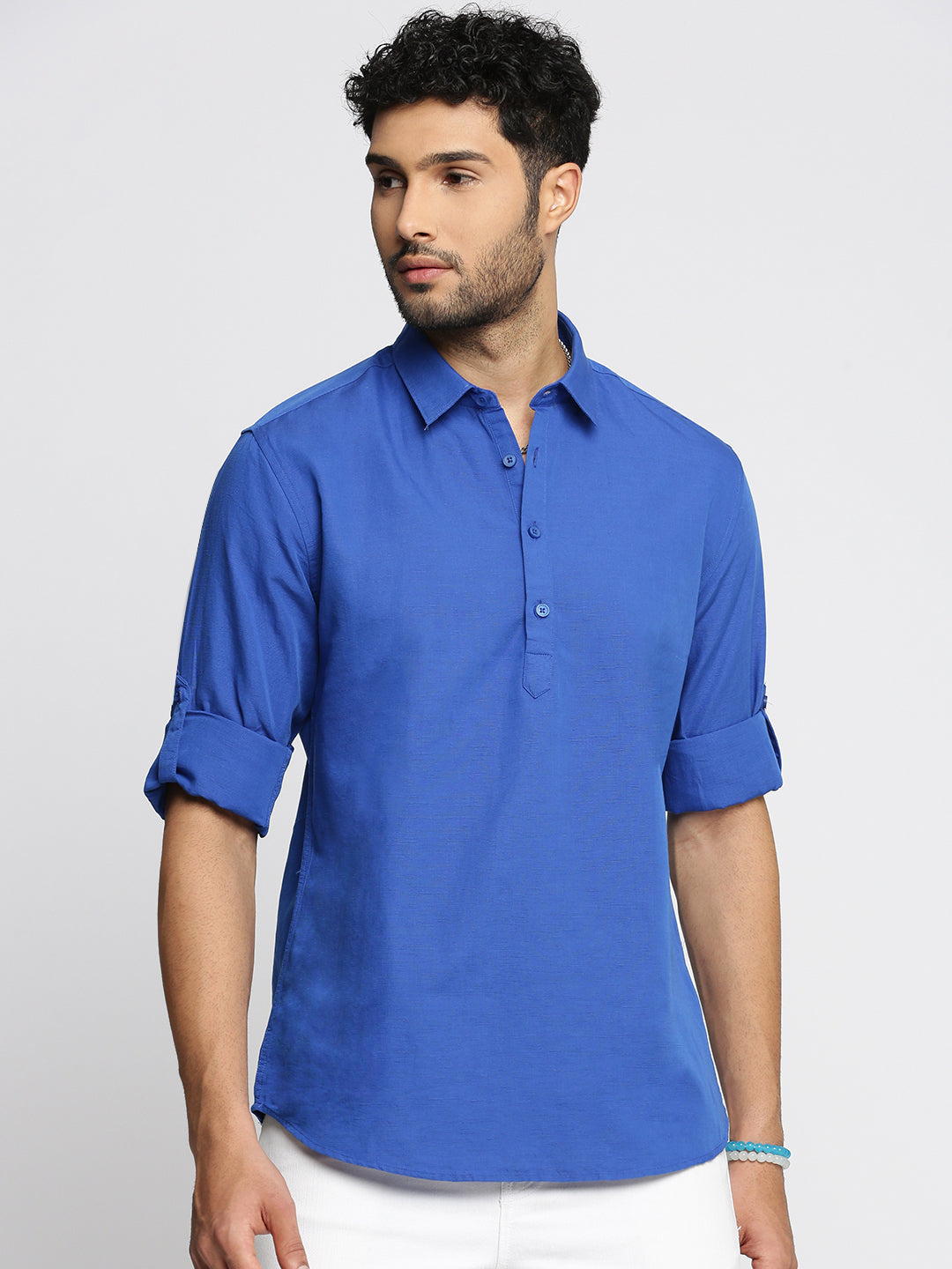 Men Blue Solid Shirt Collar Casual Short Kurta