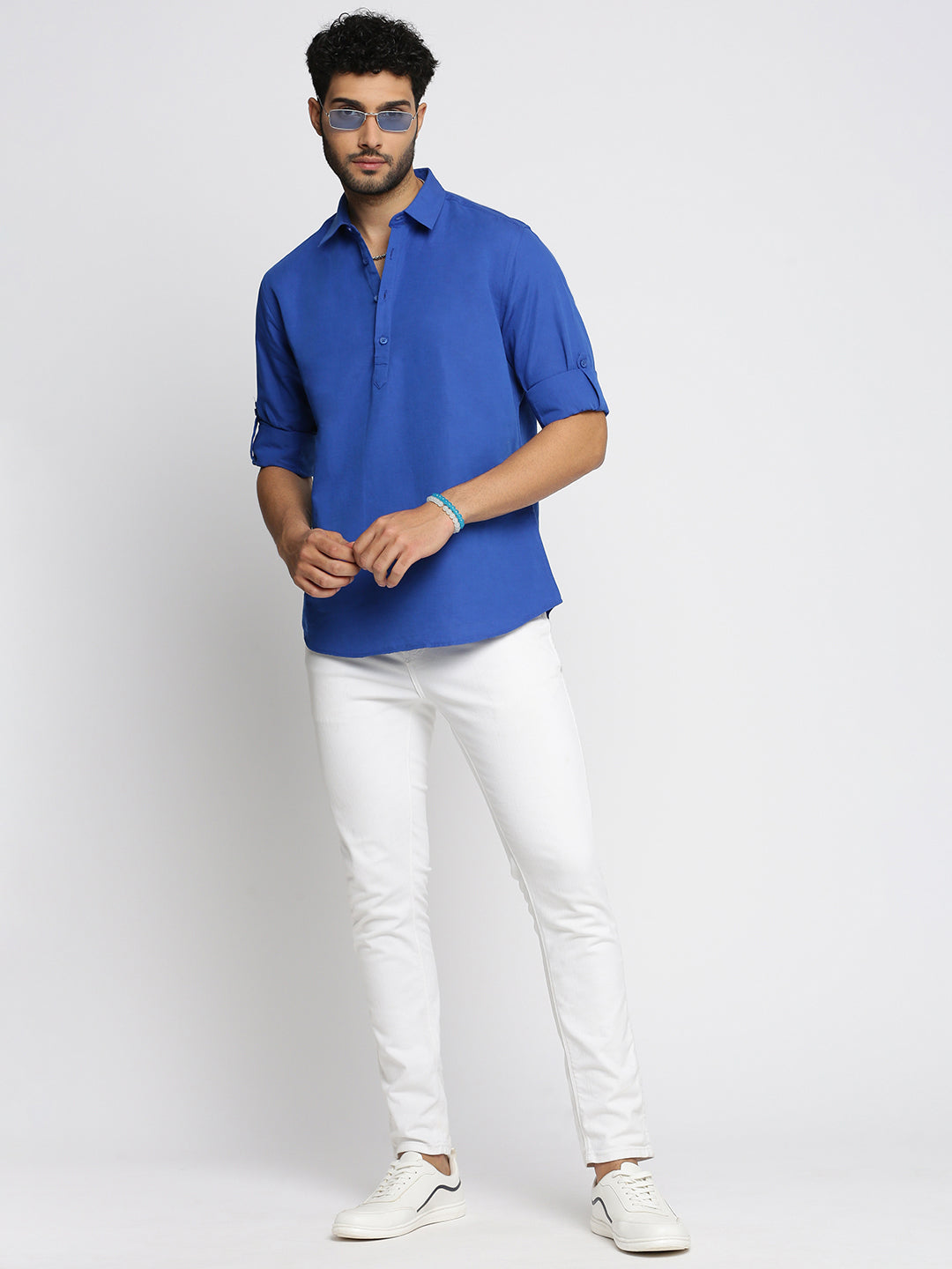 Men Blue Solid Shirt Collar Casual Short Kurta