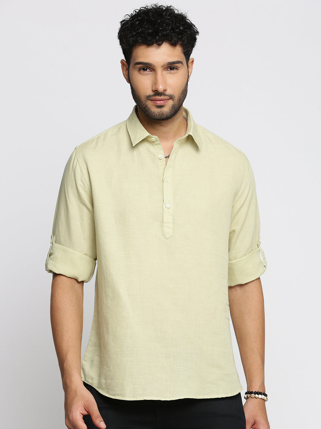 Men Green Solid Shirt Collar Casual Short Kurta