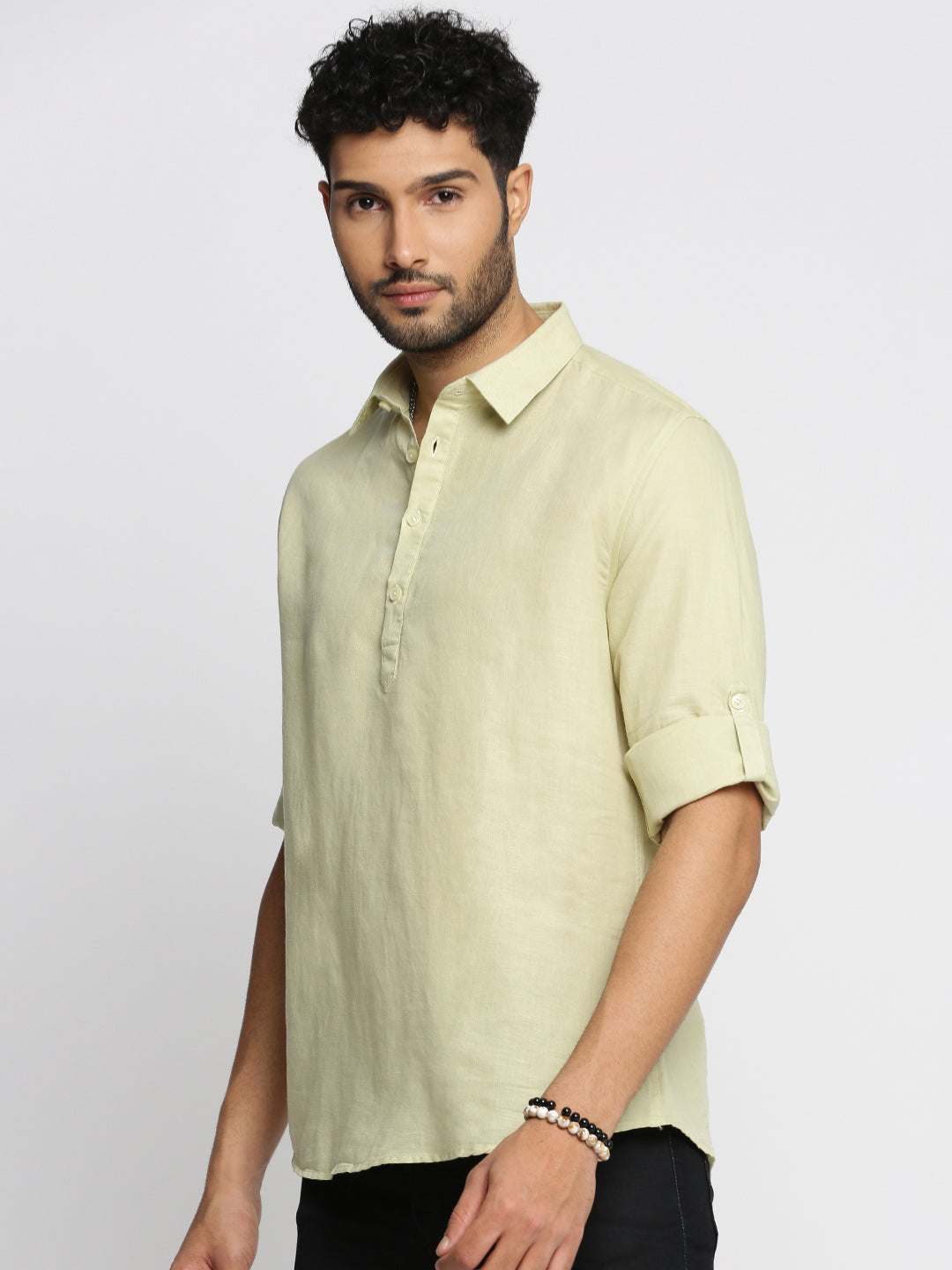 Men Green Solid Shirt Collar Casual Short Kurta