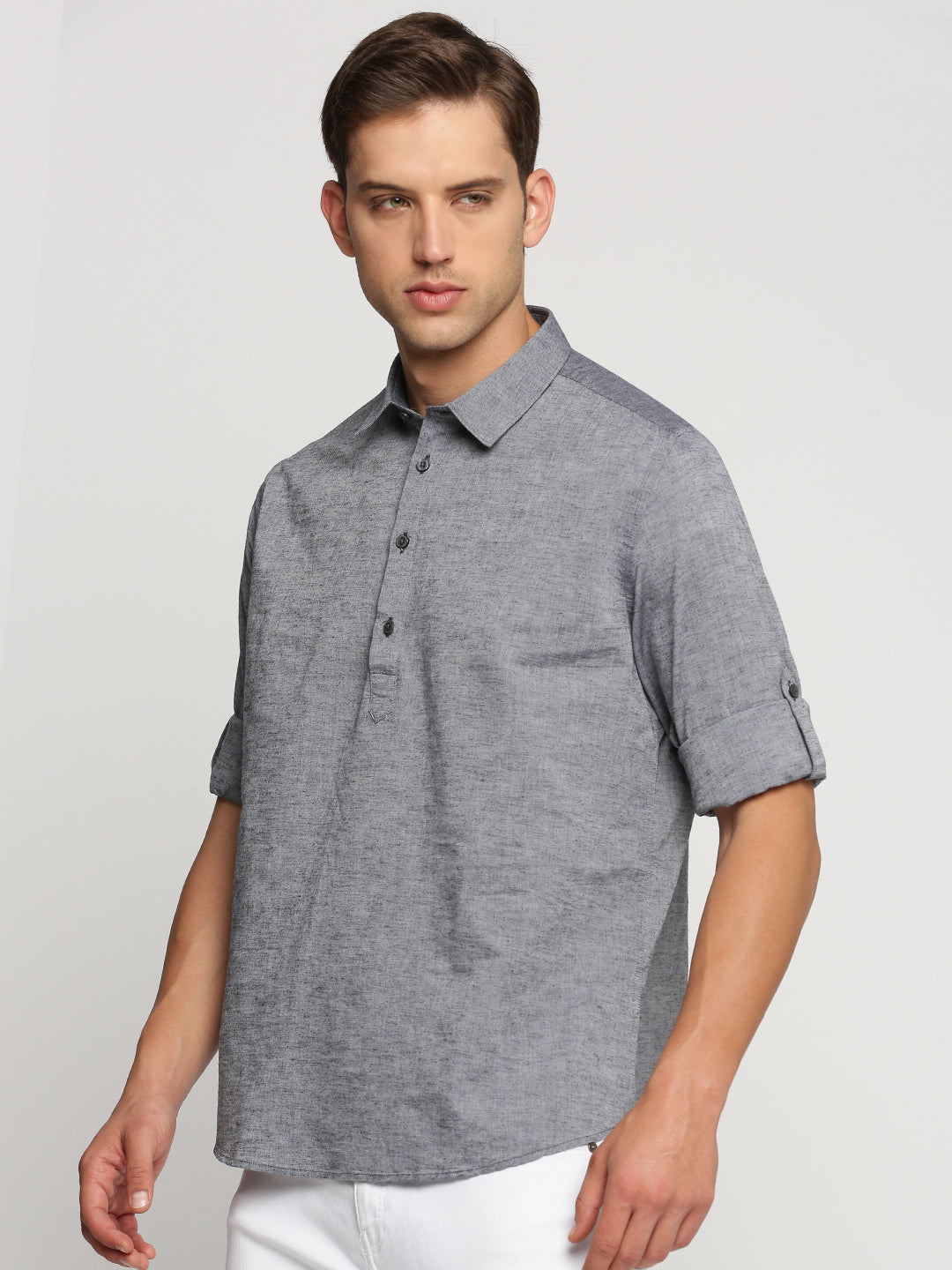 Men Grey Solid Shirt Collar Casual Short Kurta