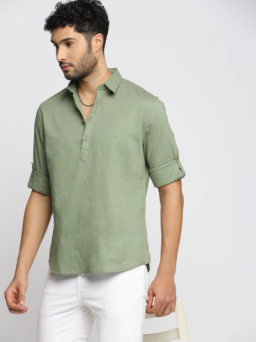 Men's Sea Green Solid Shirt Collar Casual Short Shirt