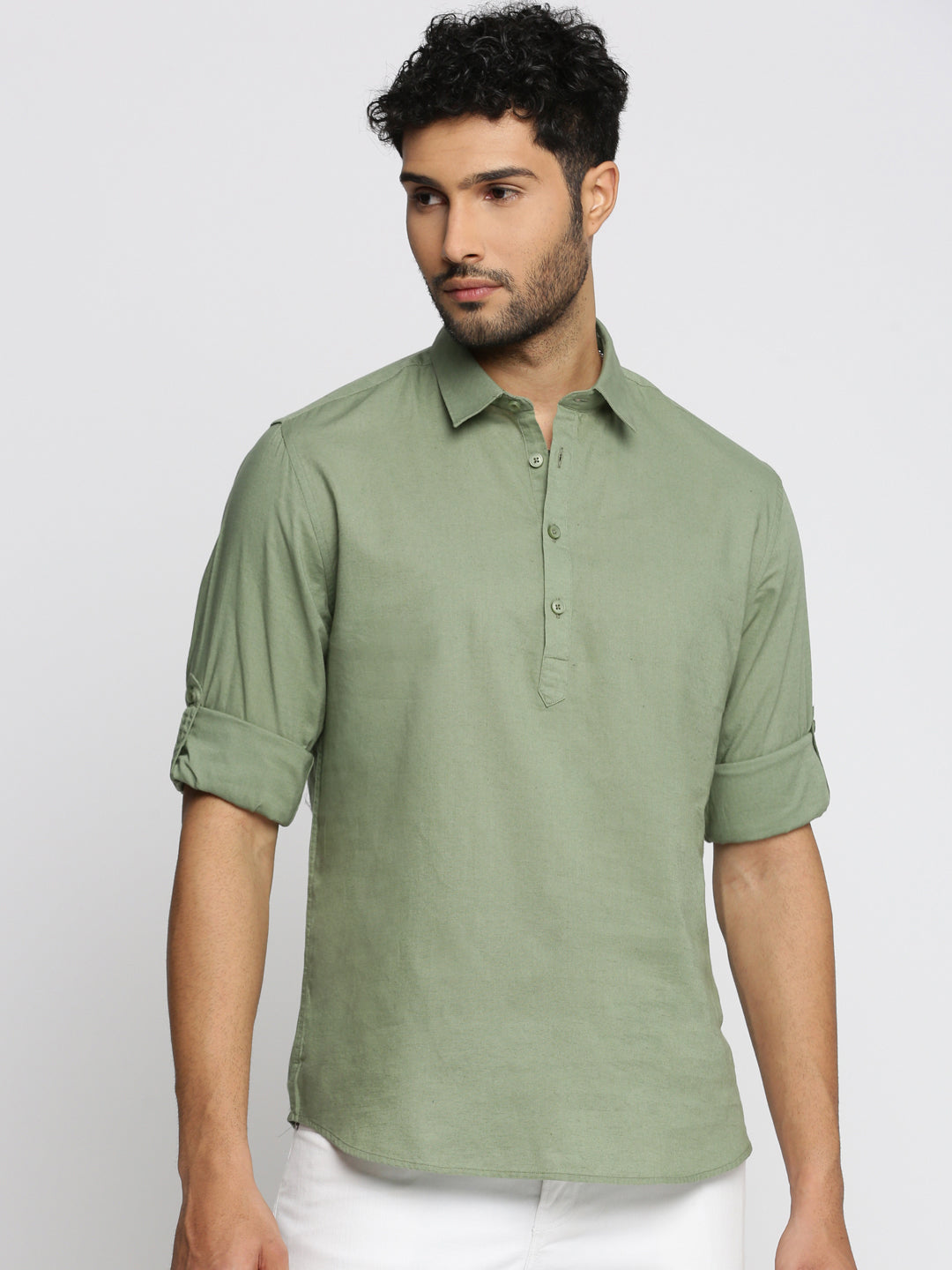 Men's Sea Green Solid Shirt Collar Casual Short Shirt