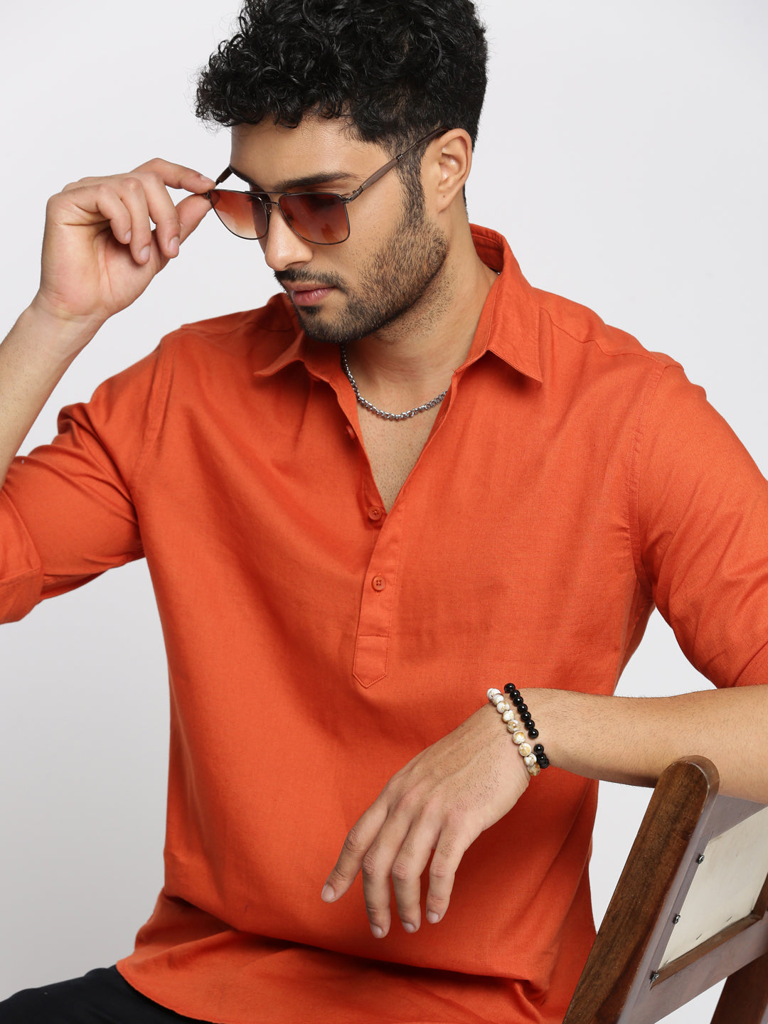 Men Orange Solid Shirt Collar Casual Short Kurta