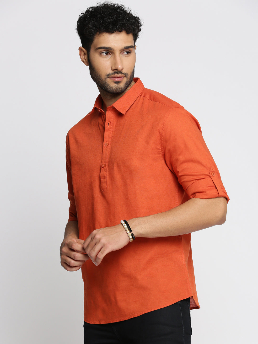 Men Orange Solid Shirt Collar Casual Short Kurta