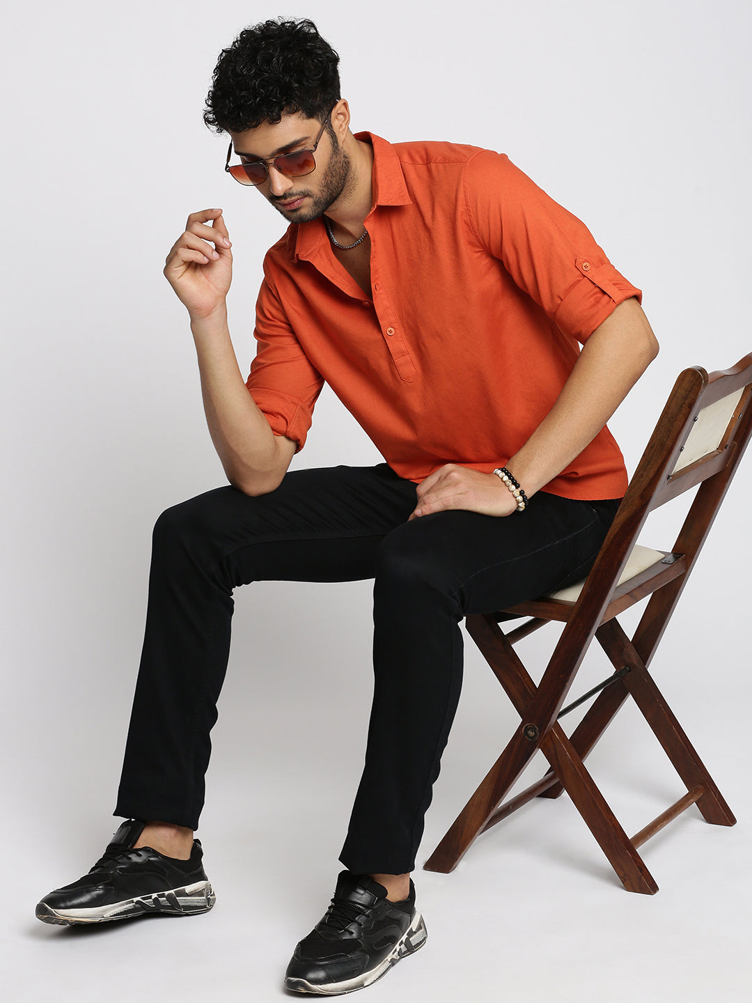 Men Orange Solid Shirt Collar Casual Short Kurta