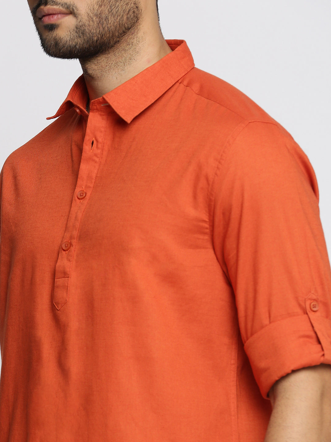 Men Orange Solid Shirt Collar Casual Short Kurta