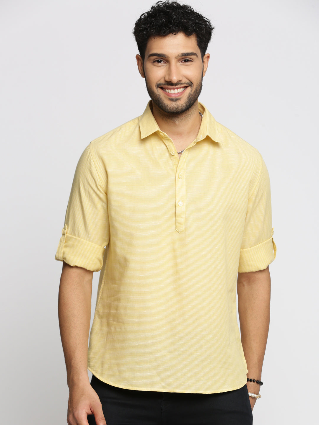 Men Yellow Woven Design Shirt Collar Casual Short Kurta