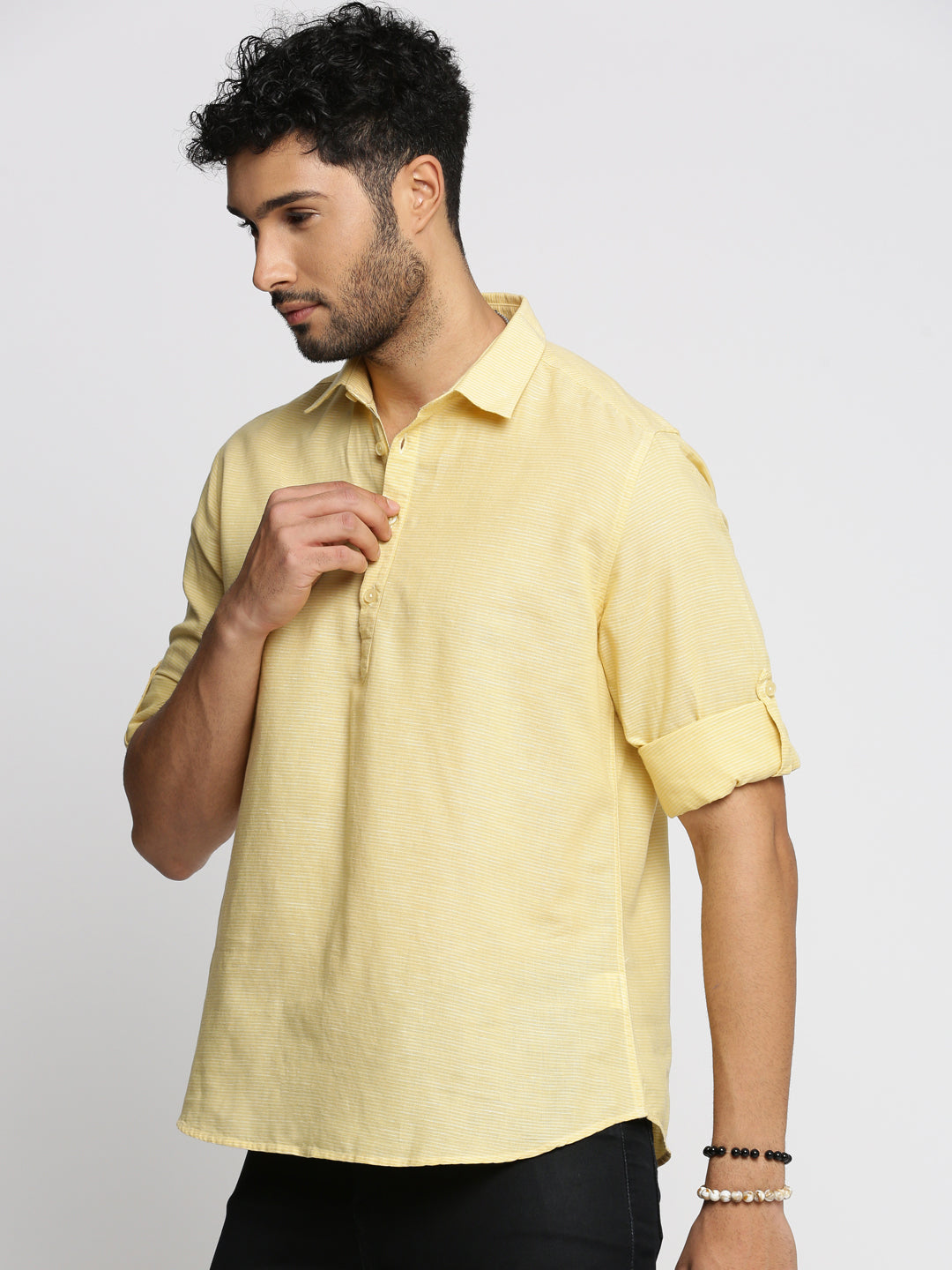 Men Yellow Woven Design Shirt Collar Casual Short Kurta