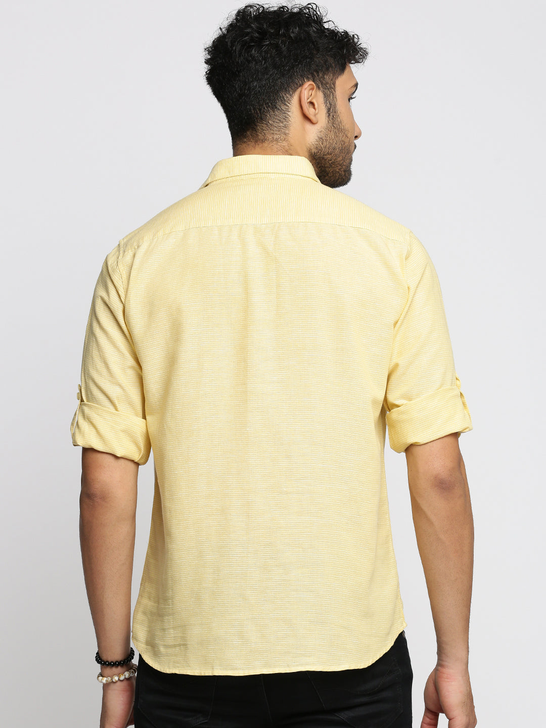 Men Yellow Woven Design Shirt Collar Casual Short Kurta