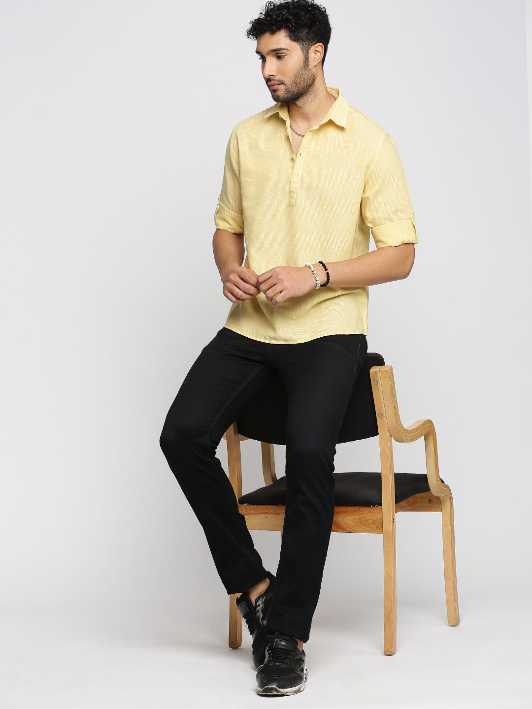 Men Yellow Woven Design Shirt Collar Casual Short Kurta