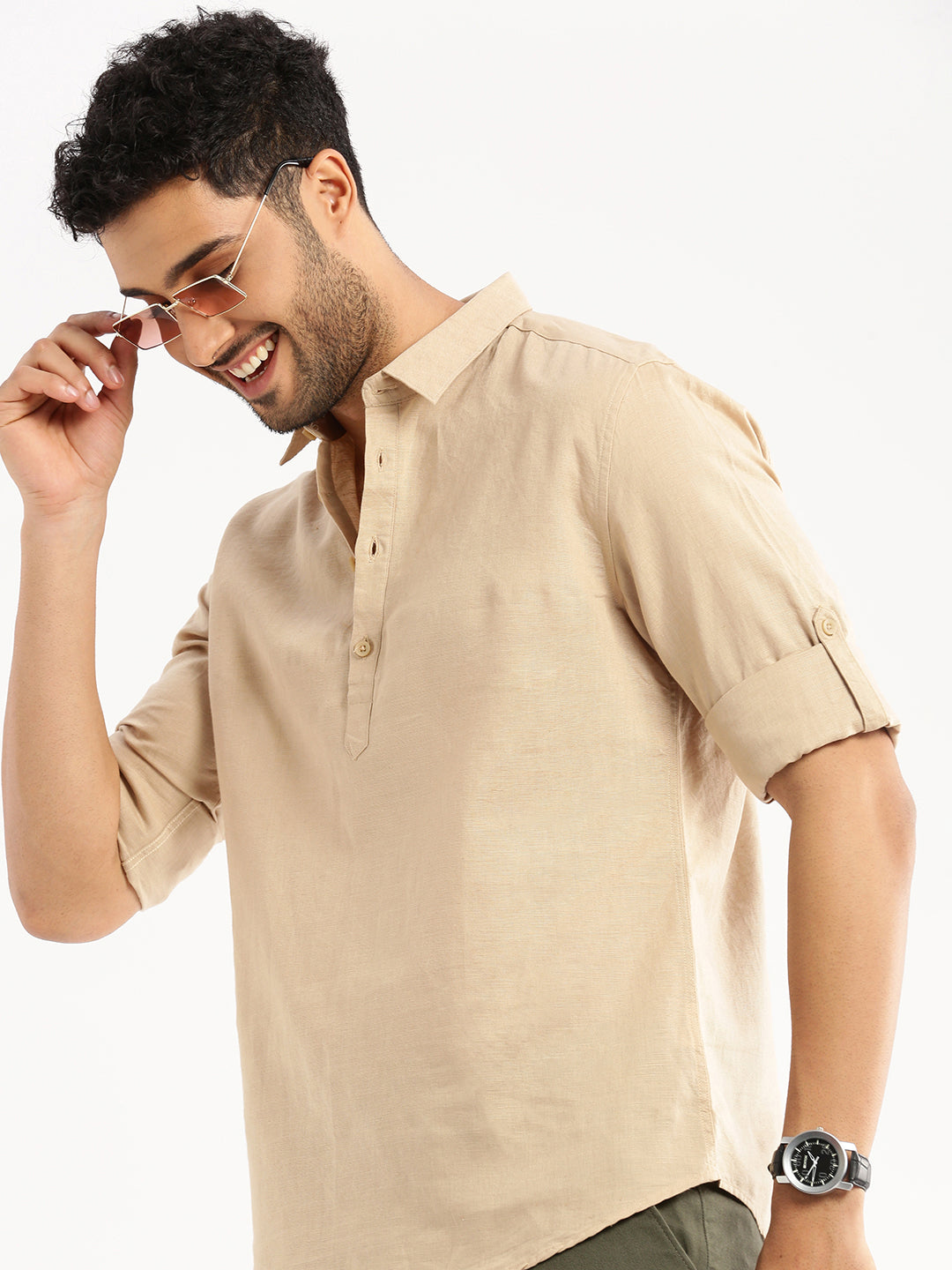 Men's Beige Solid Shirt Collar Casual Short Shirt