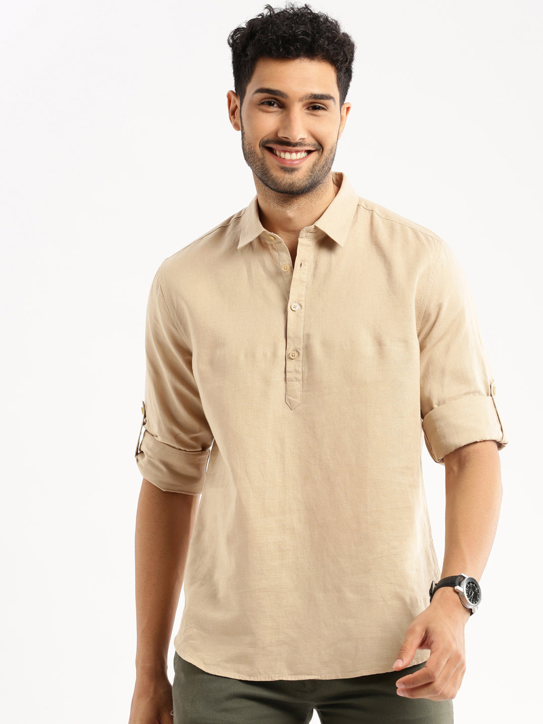 Men's Beige Solid Shirt Collar Casual Short Shirt