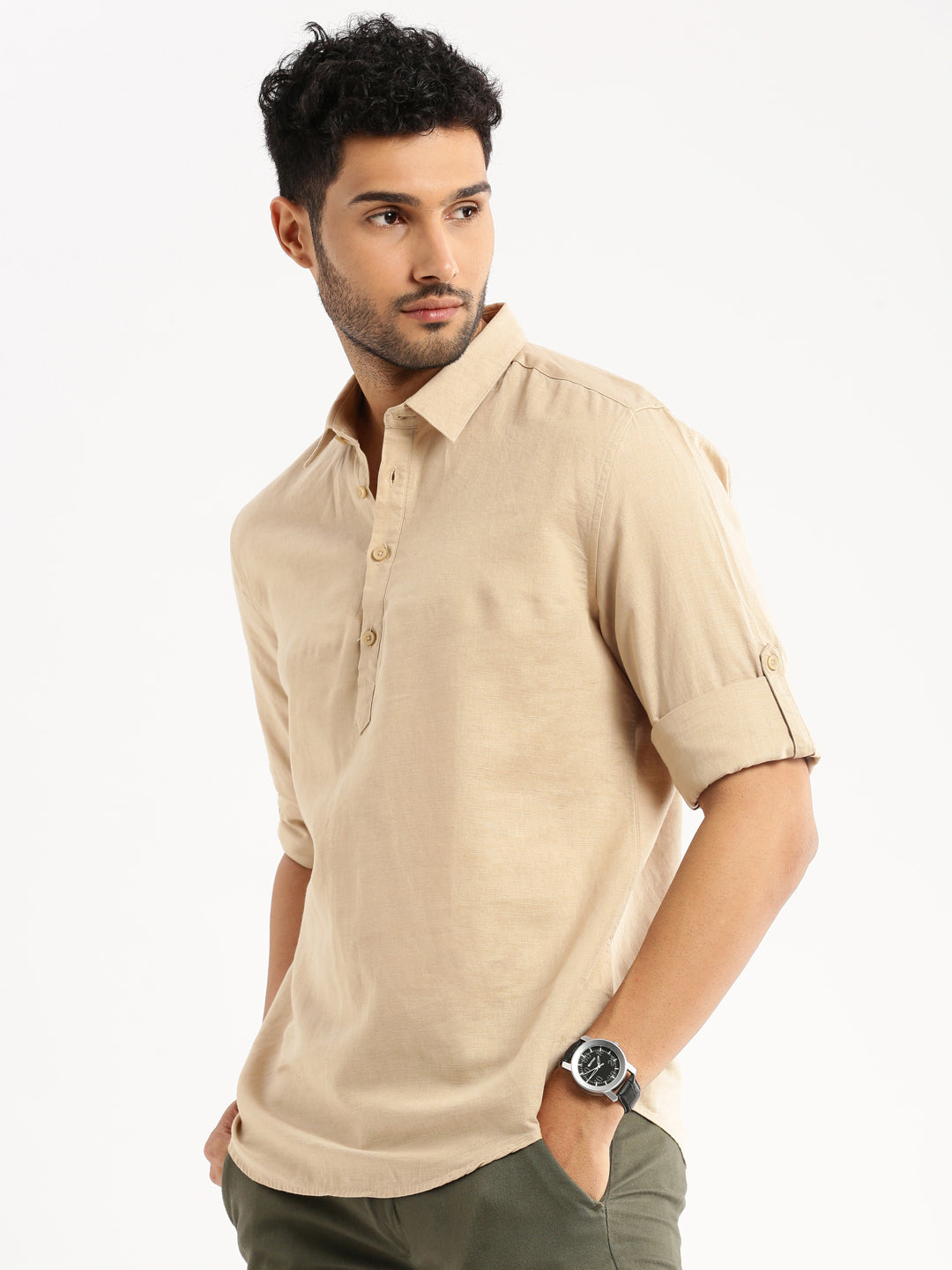 Men's Beige Solid Shirt Collar Casual Short Shirt