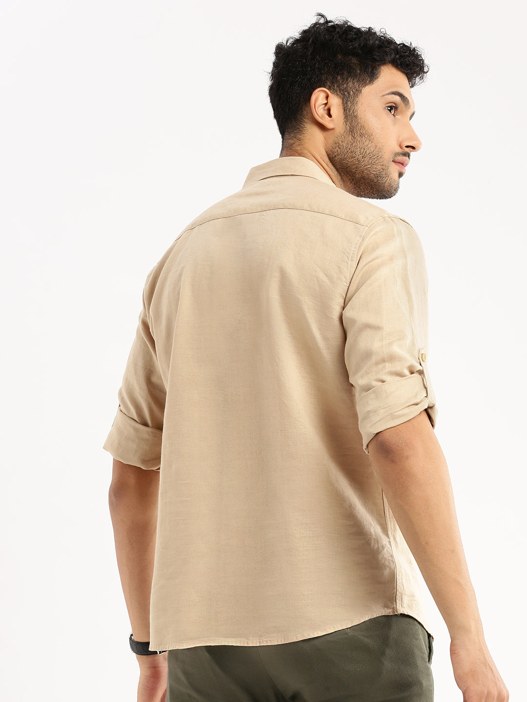 Men's Beige Solid Shirt Collar Casual Short Shirt